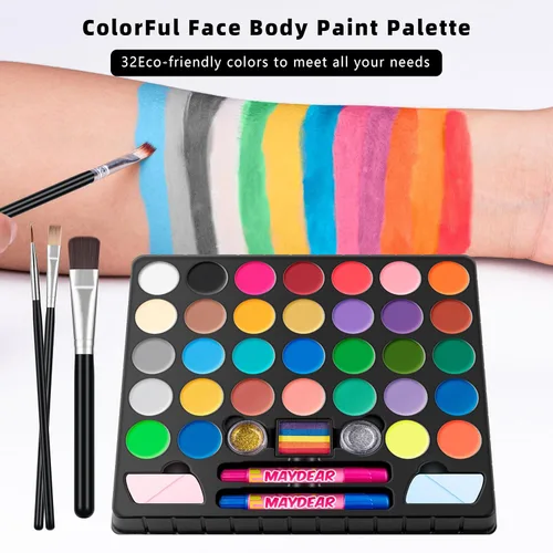 Miniatura 3 de Maydear Kit de Pintura Facial para Niños, Paleta de Maquillaje a Base de Agua de 32 Colores con Plantillas, Brillos, Pastel de Arcoíris Dividido