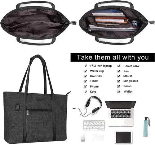 Miniatura 5 de MOSISO Bolsa Tote para Laptop con Puerto USB para Mujeres, Compatible con MacBook, Portátil de 17-17.3 pulgadas y Chromebook, Bolsa de Computadora