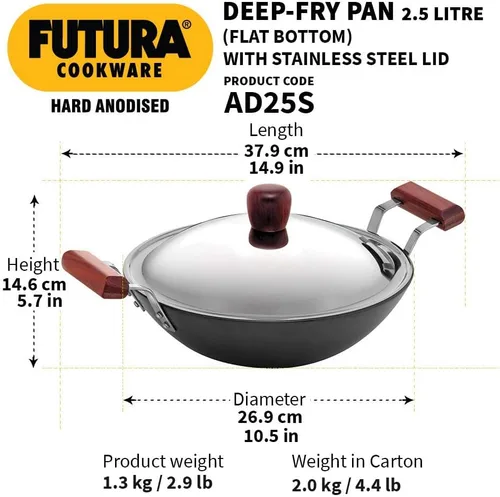 Miniatura 3 de Hawkins Futura - Sartén profunda de 2,5 litros, anodizado duro con tapa de acero inoxidable, Kadhai de fondo plano, color negro (AD25S)