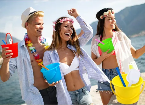 Miniatura 4 de Juego de cubos de arena y palas para niños, cubo de playa de plástico con 100 pajitas para regalos de fiesta de verano (10 juegos)