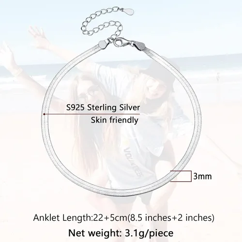 Miniatura 6 de SILVERCUTE Silver Ankle Bracelets for Women, Sterling Silver Initial Anklet Layer Wear Handmade A-Z Letter Anklet, FlowerFigaroCuban LinkHerringbone