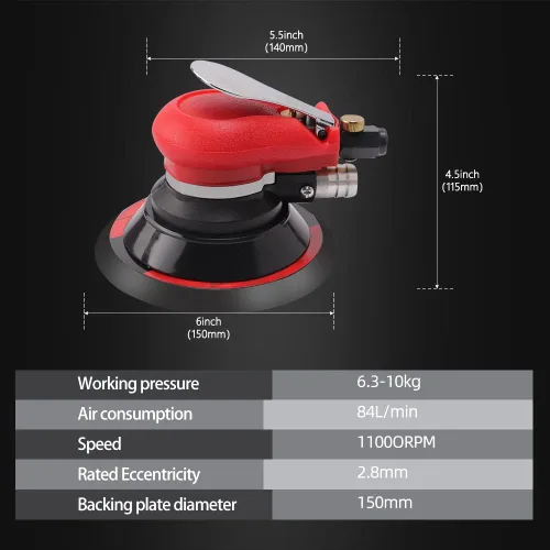 Miniatura 5 de Lijadora orbital aleatoria neumática ZFE de 5" y 6" Lijadora de palma neumática con placa de respaldo extra de 5", almohadillas de pulido
