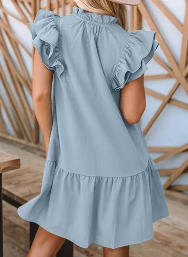 Miniatura 2 de Dokotoo Vestido corto de verano para mujer con cuello en V, cordón y volantes, manga corta, bolsillos laterales, mini vestido de verano