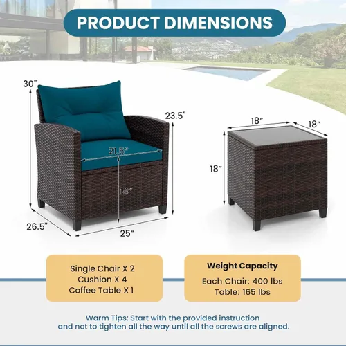 Miniatura 3 de RELAX4LIFE Juego de muebles de patio de 3 piezas, juego de conversación de mimbre con 2 sillones acolchados y mesa con tapa de cristal, juego
