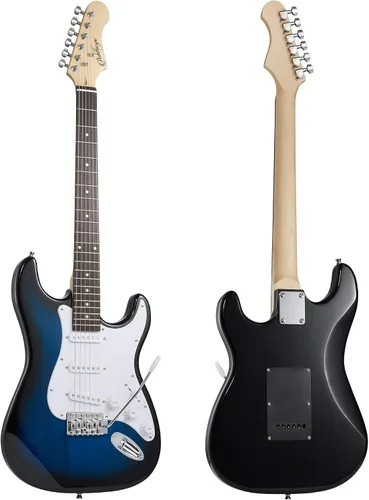 Miniatura 4 de Ashthorpe - Guitarra eléctrica de 39 pulgadas (azul y blanco), kit de guitarra de tamaño completo con bolsa acolchada, barra de trémolo, correa