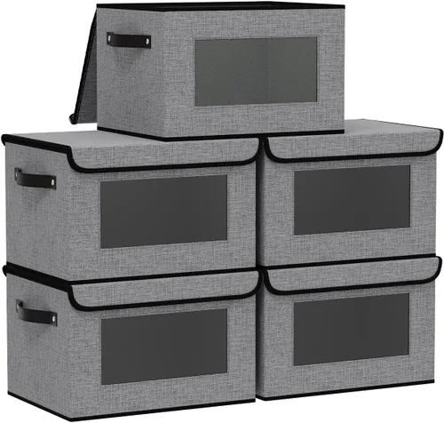 Miniatura 7 de Cesta de almacenamiento de tela con tapa, organizador decorativo de lino para armario, caja de almacenamiento de 15 x 9.8 x 9.8 pulgadas con asas