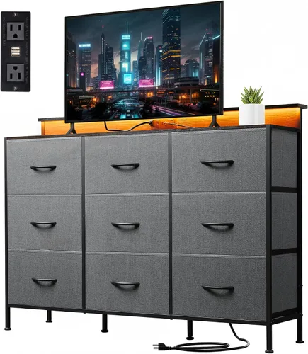 Miniatura 13 de Soporte de TV negro para TV de 45, 50, 55 pulgadas, mesa consola multimedia de TV con luces LED y estación de carga, centro de entretenimiento con 8