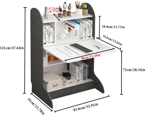 Miniatura 2 de Pmnianhua Escritorio de pared plegable, escritorio de pared extraíble que ahorra espacio con estante de almacenamiento, mesa de estudio, escritorio