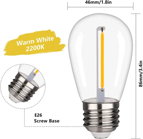 Miniatura 2 de Paquete de 15 bombillas LED S14, bombillas de repuesto inastillables e impermeables de 1 W, bombillas LED Edison con base E26, blanco cálido 2200 K