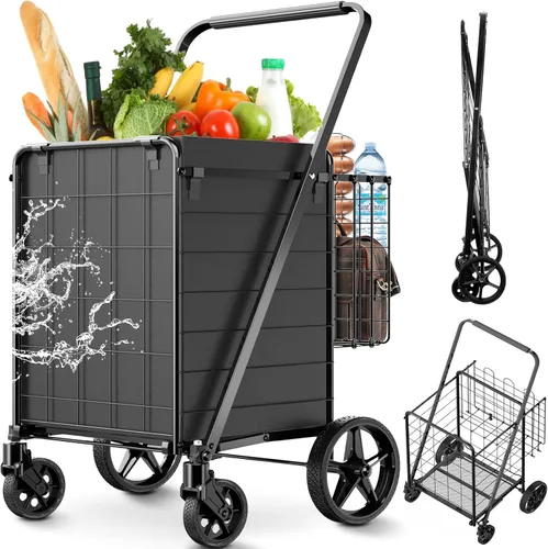 Miniatura 12 de Carrito de compras de capacidad de 450 libras, carrito de comestibles enorme con ruedas, carrito de compras plegable resistente con cesta doble