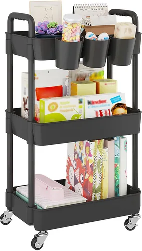 Miniatura 16 de UDEAR Carrito utilitario rodante de 3 niveles, estantes de almacenamiento multifuncionales con asa y ruedas con cerradura para habitación, oficina