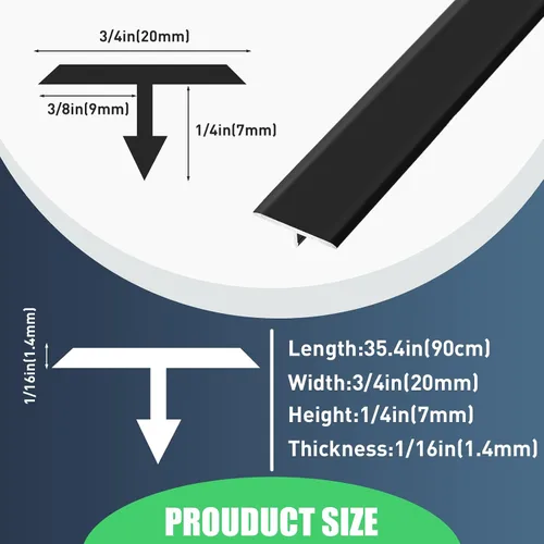 Miniatura 2 de Therwen 6 tiras de transición de suelo de aluminio con moldura en T, 36 x 3/4 pulgadas, color negro mate para pisos de vinilo de madera, carpeta