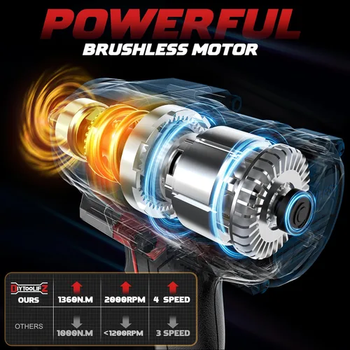 Miniatura 2 de DIYtoolifz Llave de impacto inalámbrica de 1/2" Compatible con batería Milwaukee de 18V, controlador de impacto de alto par de 1000 pies-libra