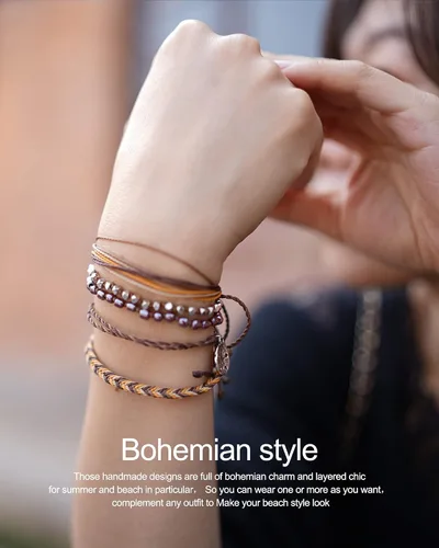 Miniatura 3 de Mezcla Vida Juego de pulseras de cuerda impermeable con cuentas de zinc plateado y estrellas de mar bohemias, para mujeres, adolescentes y niñas