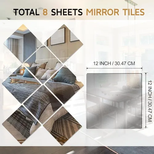 Miniatura 3 de Hojas de espejo flexibles de acrílico de 12" x 12", paquete de 8 azulejos de espejo cuadrados autoadhesivos cortables, calcomanías de pared, espejos