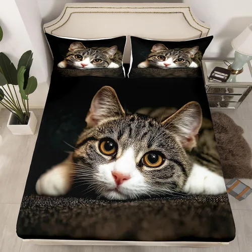 Miniatura 2 de Feelyou Juego de sábanas de gatos con patrón de animales 3D para niños y niñas, decoración de gatos, gatitos, juego de cama marrón y gris, 3 piezas