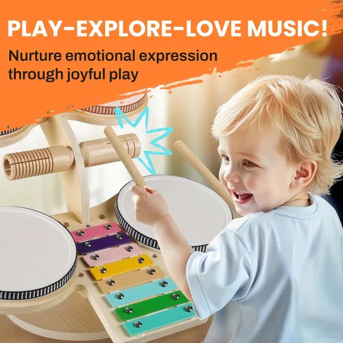 Miniatura 5 de iPlay, iLearn Juego de Batería de Madera para Niños Pequeños, Juguete de Instrumentos Musicales para Niños, Juego de Batería de Percusión 8 en 1