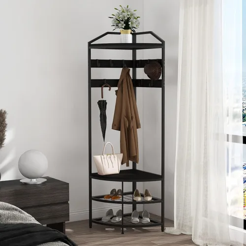 Miniatura 2 de GiftGo Árbol de pasillo de esquina con banco de zapatos, perchero de entrada con 10 ganchos móviles de metal, estante para zapatos, organizador