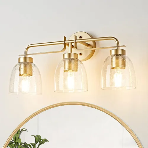 Miniatura 6 de Luces de tocador modernas de mediados de siglo de 16 pulgadas, lámpara dorada de 2 luces con pantallas de campana blancas esmeriladas, aplique