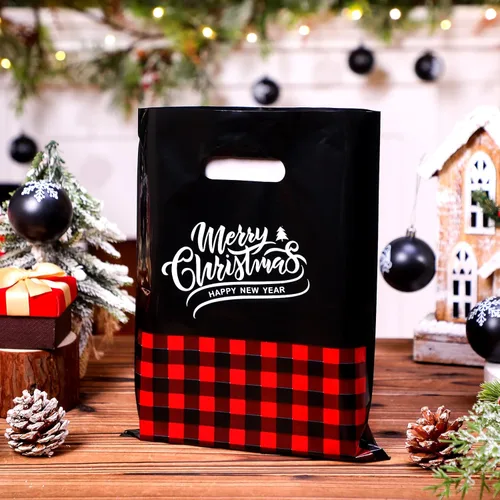 Miniatura 7 de Sadnyy Paquete de 100 bolsas de plástico para regalo de Navidad, a granel, pequeñas bolsas de compras de Feliz Navidad, mercancía gruesa impresión