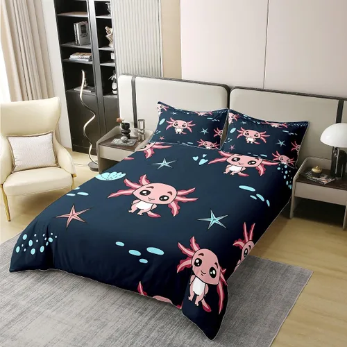 Miniatura 3 de Axolotl Funda de Edredón de Algodón 100% Tamaño Full Lindo Juego de Ropa de Cama de Axolotl Funda de Edredón Kawaii Funda de Edredón de Animales