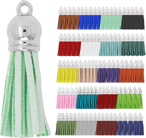 Miniatura 116 de Mandala Crafts 100 borlas de gamuza sintética color aguamarina con tapa dorada, suministros para hacer llaveros a granel, pequeñas borlas de cuero
