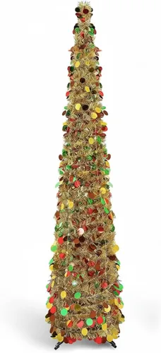 Aoriher Árbol de Navidad de Oropel Dorado Preiluminado Emergente de 5 pies, Decoración Reutilizable Plegable con Lentejuelas Artificiales, Árbol