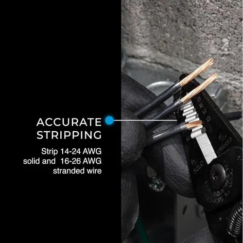 Miniatura 3 de Ideal Electrical 45-121 T-6 T-Stripper - 14-26 AWG, pelador de cables en T amarillo con agujeros en bucle, pinza con punta, apertura automática