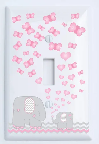Cubierta de placa de interruptor de luz de elefante rosa, decoración de guardería de elefante con mariposas de corazones rosas cheurón gris