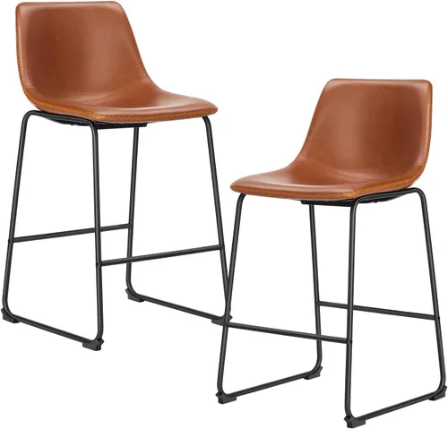 Miniatura 9 de DUMOS Juego de 2 taburetes de bar de piel sintética de 26 pulgadas de altura de mostrador con respaldo, sillas de bar modernas de metal para isla