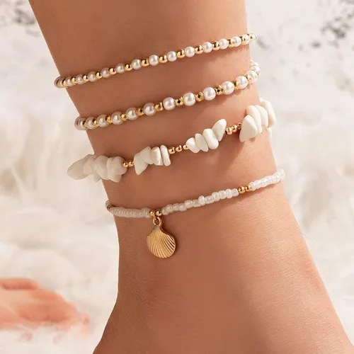 Miniatura 6 de RINHOO Juego de tobilleras de playa de concha bohemia en capas, pulseras de tobillo de perlas, cadena de tobillo de concha dorada, cadena de pie