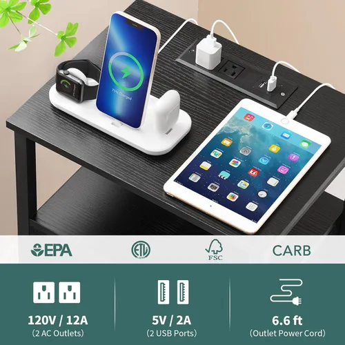 Miniatura 5 de Yoobure Mesa auxiliar con almacenamiento, mesita de noche LED con estación de carga, mesas auxiliares para sala de estar, mesita de noche para Negro