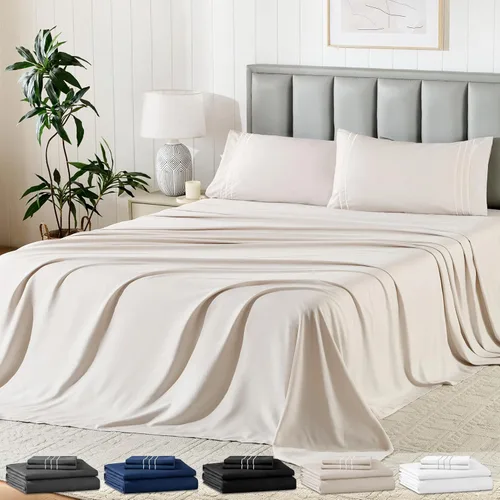 Juego de sábanas tamaño individual con funda de almohada bordada, sábanas de microfibra ultrasuave de 3 piezas, comodidad de hotel de lujo, sábana