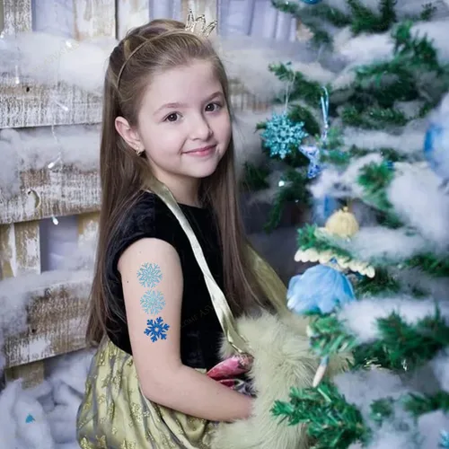 Miniatura 5 de Tatuajes temporales de copos de nieve con purpurina, 48 calcomanías de copo de nieve de invierno, accesorios de ropa lindos para cuerpo, cara