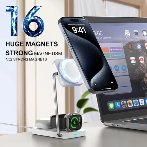 Miniatura 4 de Estación de carga inalámbrica 3 en 1, cargador inalámbrico magnético plegable PD20W para dispositivos Apple iPhone 12-16 Series Apple Watch AirPods