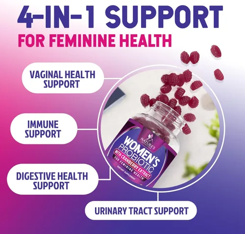 Miniatura 5 de Nature's Nutrition Gomitas probióticas para mujeres con arándano, 6 cepas premium para el equilibrio del PH, salud digestiva, apoyo vaginal e