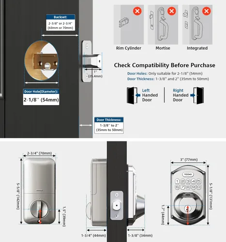 Miniatura 6 de TEEHO TE002 Cerradura de puerta con huella dactilar, cerradura de puerta de entrada sin llave, cerrojo electrónico con teclado, cerraduras Níquel