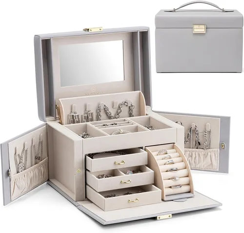 Vlando Organizador de caja de joyería con espejo, caja de almacenamiento de joyería de cuero, collares, aretes, anillos, soportes, soporte de caja,