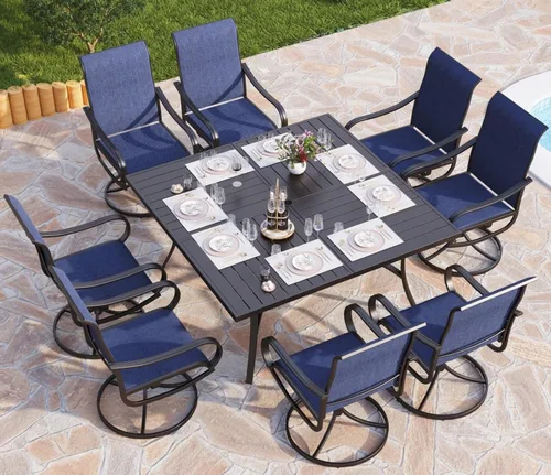 Miniatura 19 de PHI VILLA Juego de comedor de patio de 5 piezas con 4 sillas de comedor giratorias para exteriores y 1 mesa de comedor redonda grande, silla de tela