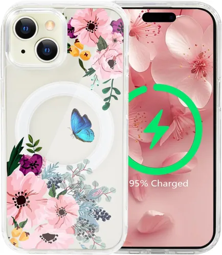 Funda magnética de flores para iPhone 15 [compatible con MagSafe] Bonito patrón floral transparente a prueba de golpes [parte trasera de