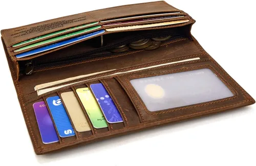 Miniatura 7 de Billetera larga de cuero genuino para hombre, cartera plegable grabada