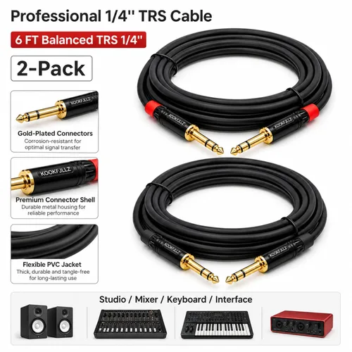 Miniatura 4 de Cable de altavoces, TRS equilibrado de 6 pies 1/4 ", paquete de 2