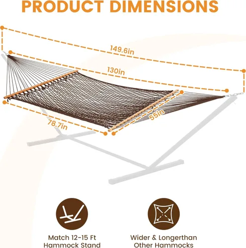 Miniatura 6 de Lazy Daze Hammocks Hamaca de Cuerda Doble, Hamaca Tradicional de Cuerda de Algodón Tejida a Mano para 2 Personas al Aire Libre con Barra Separadora