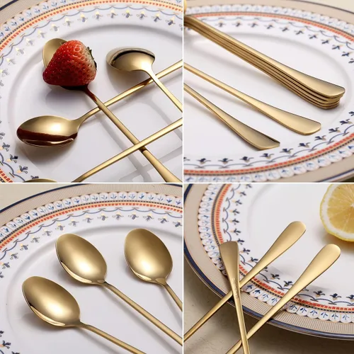 Miniatura 6 de Juego de 8 cucharas de café y té de acero inoxidable dorado prémium (mango largo, helado, cóctel)