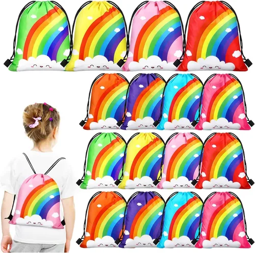 Ferraycle 24 bolsas de regalo de fiesta de arco iris, suministros de fiesta de cumpleaños, bolsas con cordón, mochila de regalo, decoraciones