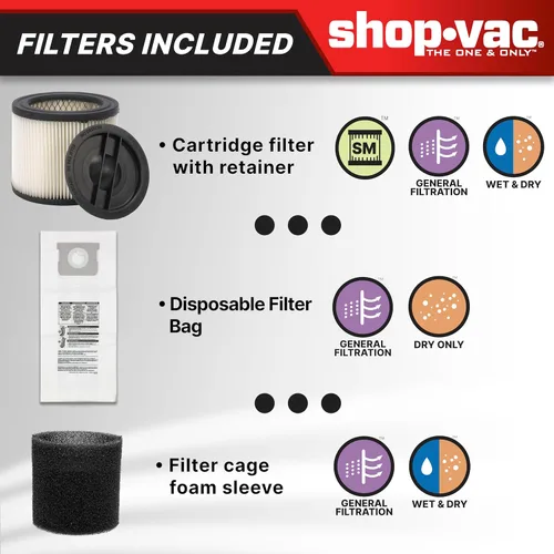 Miniatura 7 de Shop-Vac 9522205 Aspiradora para polvo y agua de 5 galones, 5.5 HP Máximo, diámetro de 1.25 pulgadas x manguera de 18 pies, cable de 6 pies, montaje