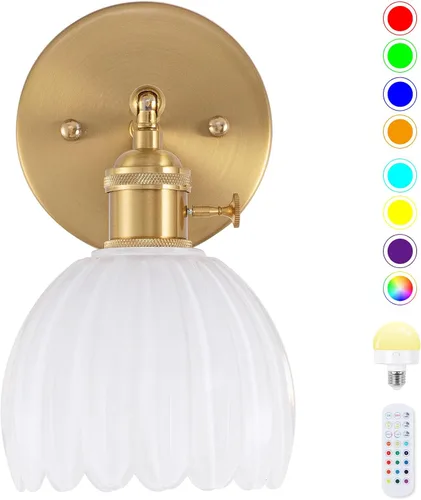 Miniatura 10 de Aplique de Pared Operado por Batería, Apliques de Pared para Interiores no Cableados Apliques de Pared con Pantalla de Vidrio Verde Profundo con RGB
