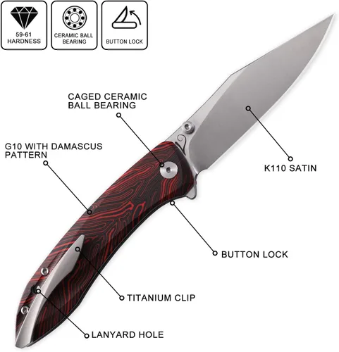 Miniatura 2 de Petrified fish PFE08 - Cuchillo plegable de crecimiento, hoja de satén K110 de 3.62 pulgadas, cuchillo de bolsillo con bloqueo de botón de mango G10