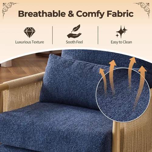 Miniatura 3 de Karl home Acogedora silla decorativa de felpilla con almohada lumbar y brazos de ratán, silla moderna para sala de estar, dormitorio, rincón de Azul