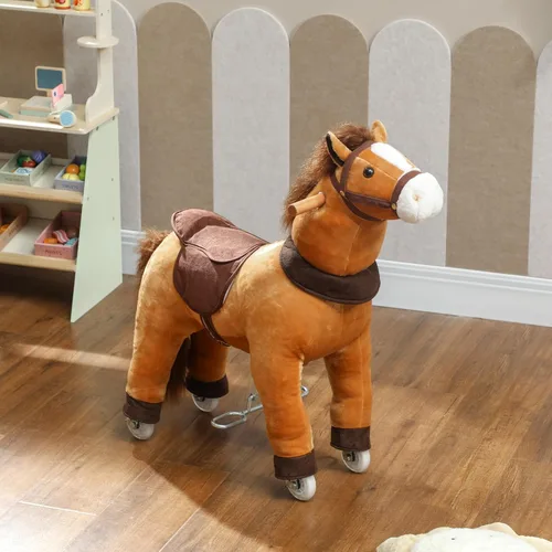 Miniatura 9 de Qaba Caballo para montar para niños de 3 a 5 años, pony de peluche de 29.5 pulgadas de altura, caballo andador con ruedas rodantes para juego